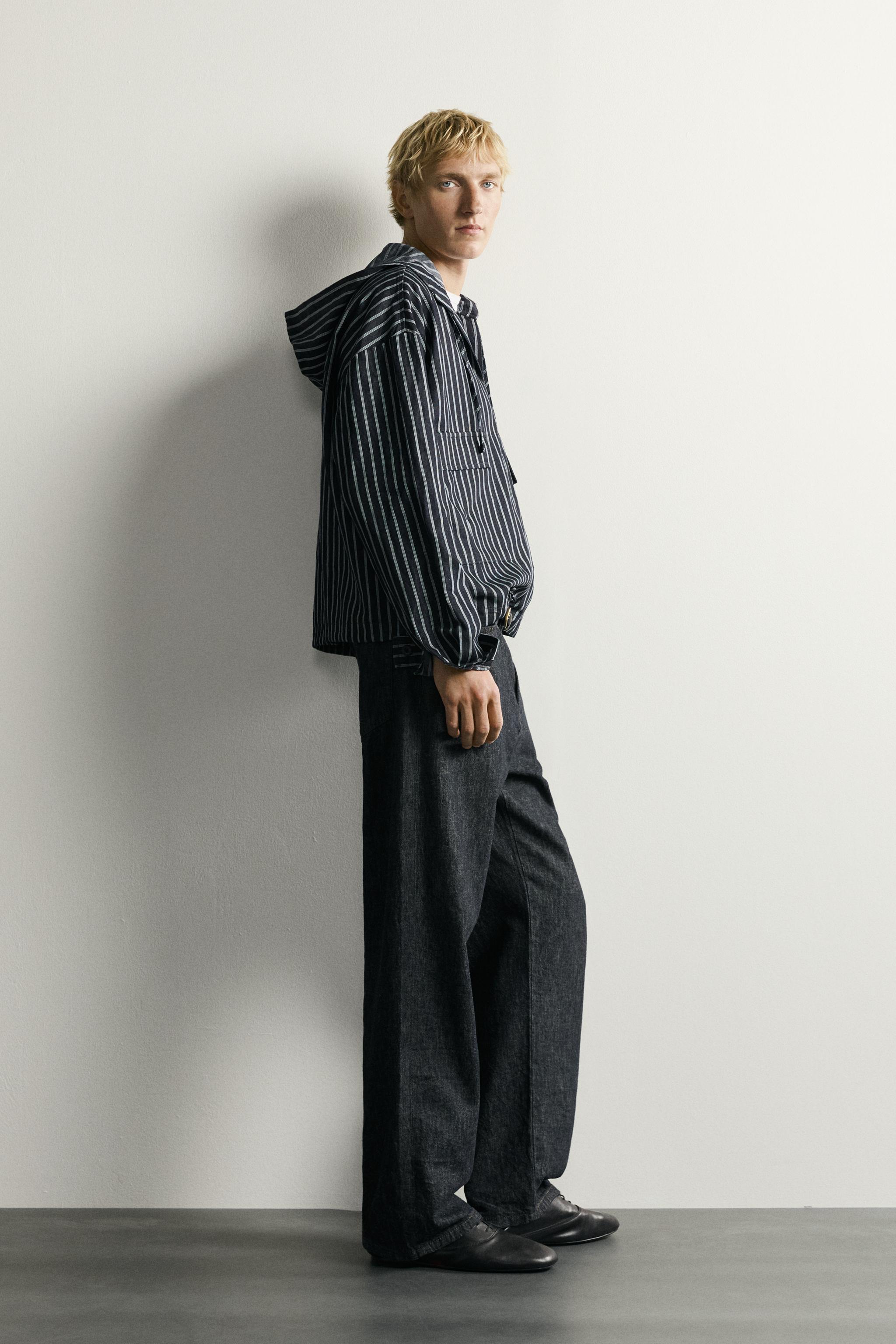STRIPED COTTON-LINEN HOODIE OVERSHIRT
